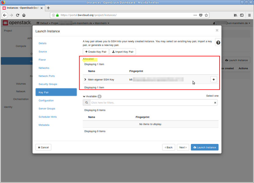 Step 12: Select your SSH key.
