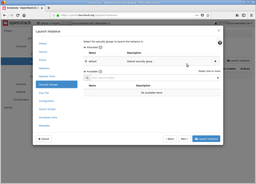 Step 11: You can optionally select security groups here. Security settings can also be modified after the instance has been created.